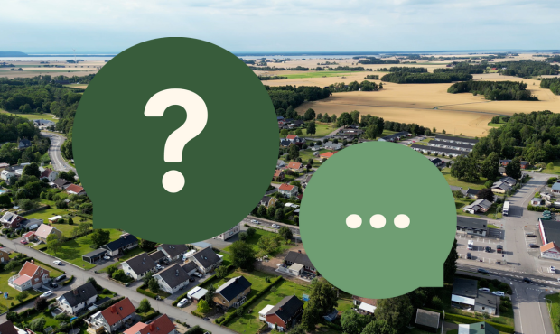 Grafik med drönarbild över Grästorp med två gröna pratbubblor inlagda.