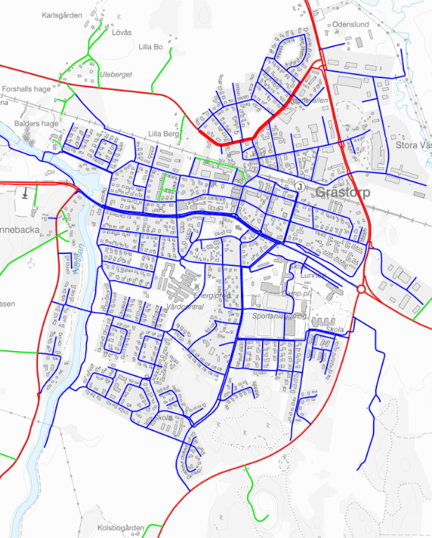 Bild med statliga och kommunala vägar i samhället utmärkta. 