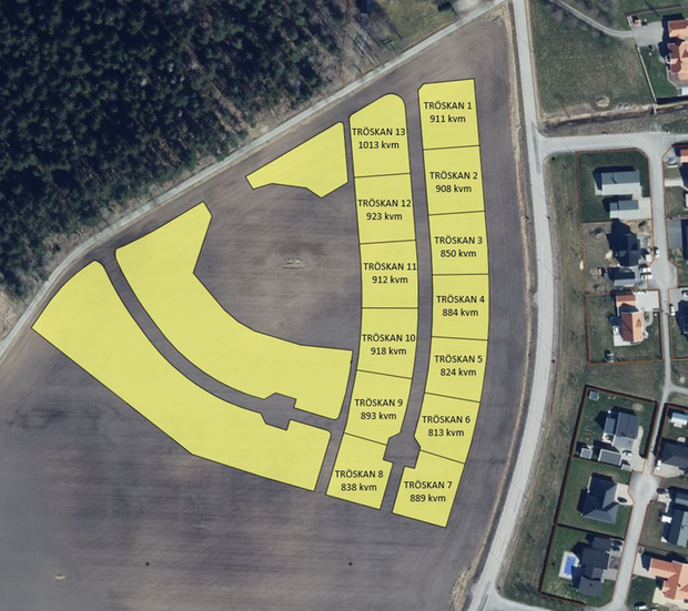 Karta med tomterna på Brännebacka Västra etapp 1 uppritade.