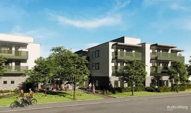 arkitektskiss på huset som byggs på Lärkfalken 9.