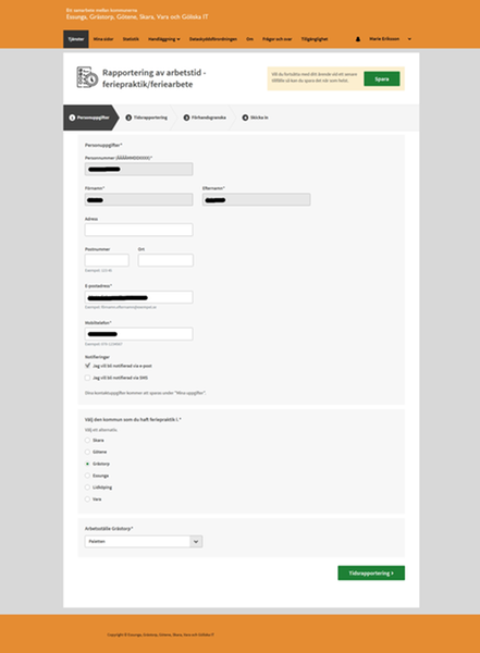 Skärmdump från e-tjänst för tidsrapportering. 