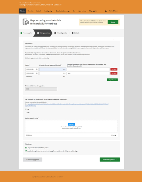 Skärmdump från e-tjänsten för tidsrapportering 