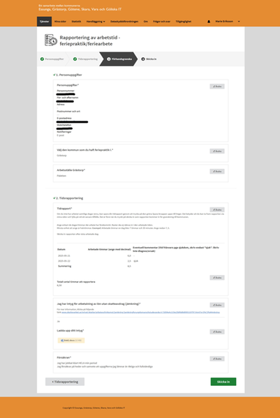 Skärmdump från e-tjänst för tidsrapportering. 